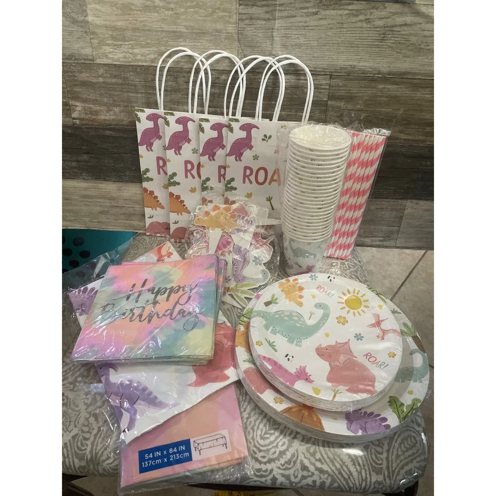 Pink Dinosaur Birthday Party Supplies Set Plates Cups Napkin Tablecloth Bag Roar